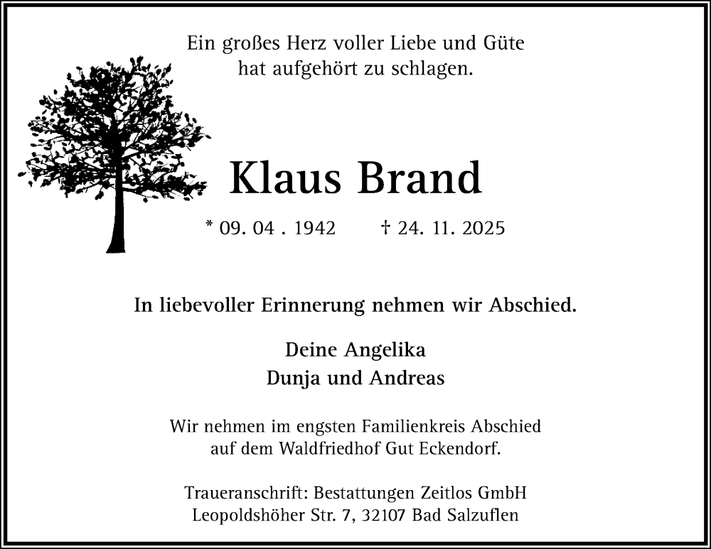  Traueranzeige für Klaus Brand vom 06.12.2025 aus Lippische Landes-Zeitung