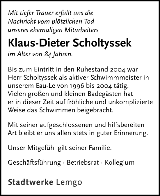 Anzeige  Klaus-Dieter Scholtyssek  Lippische Landes-Zeitung