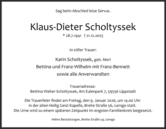 Anzeige  Klaus-Dieter Scholtyssek  Lippische Landes-Zeitung