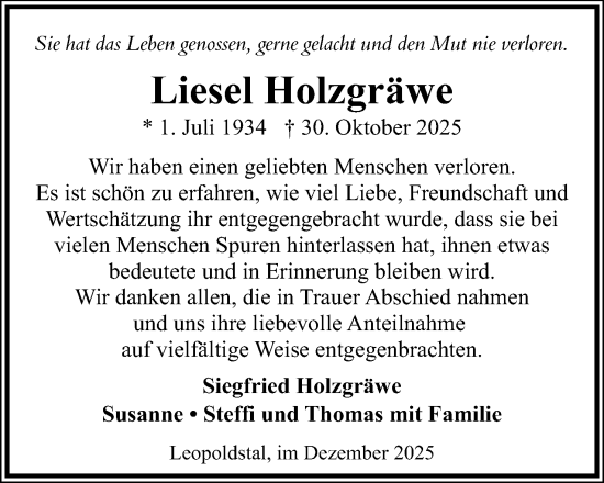 Anzeige  Liesel Holzgräwe  Lippische Landes-Zeitung