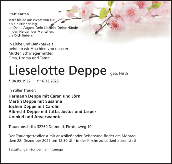 Anzeige  Lieselotte Deppe  Lippische Landes-Zeitung