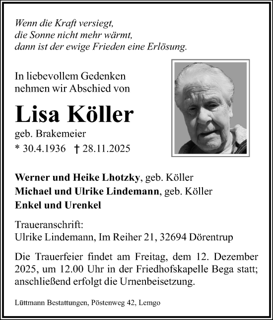Anzeige  Lisa Köller  Lippische Landes-Zeitung