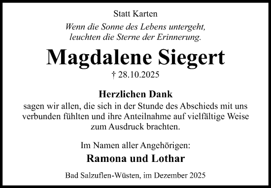 Anzeige  Magdalene Siegert  Lippische Landes-Zeitung