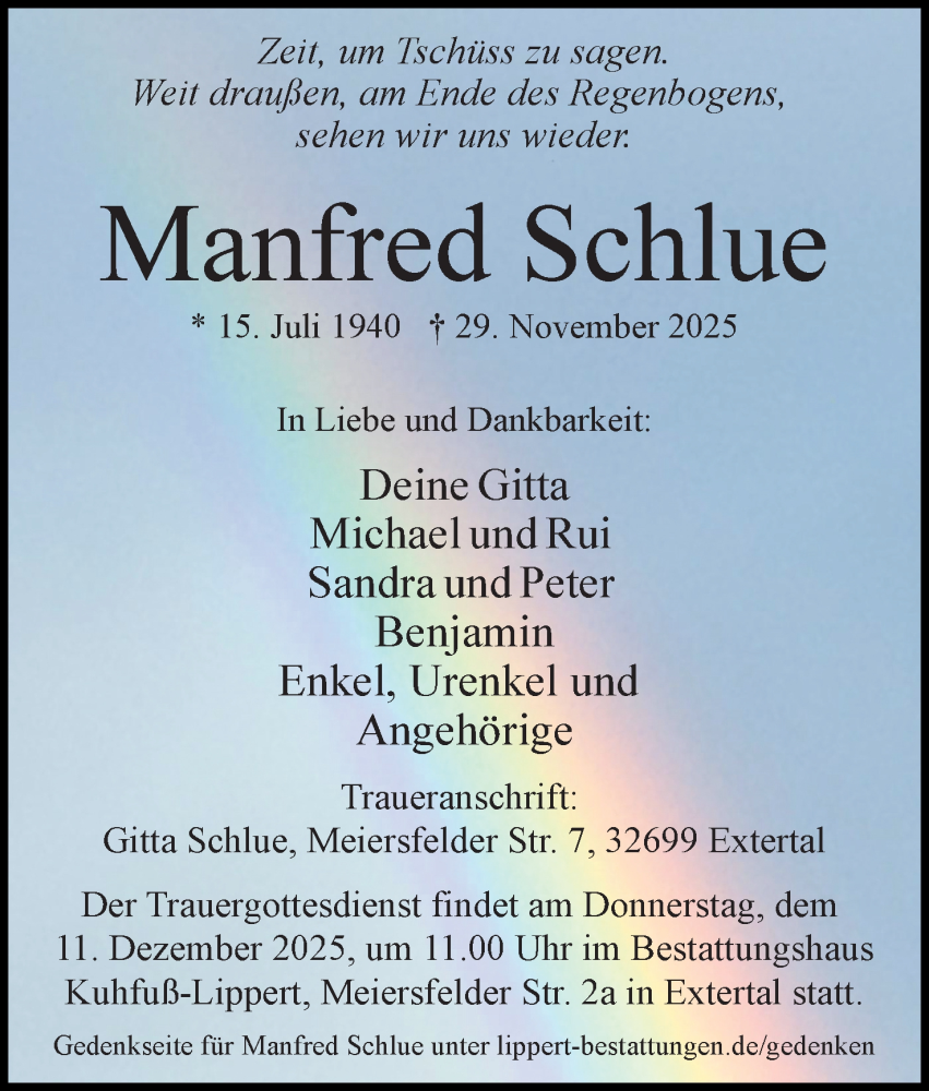  Traueranzeige für Manfred Schlue vom 06.12.2025 aus Lippische Landes-Zeitung