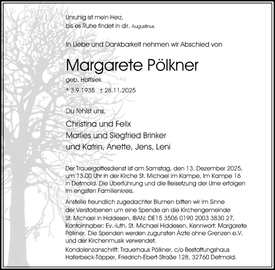 Anzeige  Margarete Pölkner  Lippische Landes-Zeitung