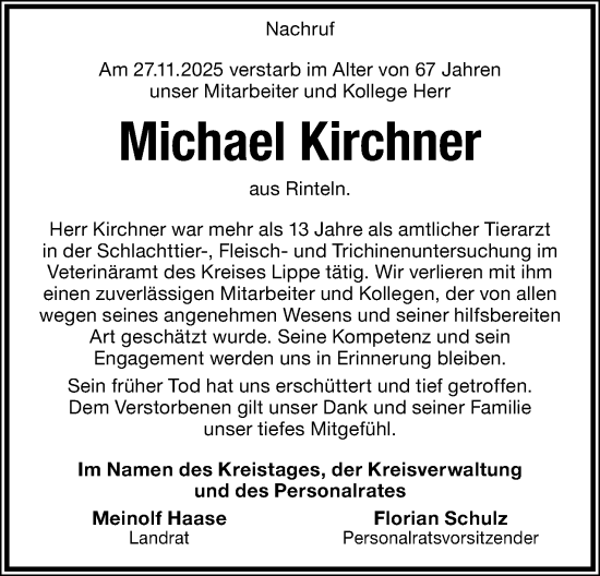 Anzeige  Michael Kirchner  Lippische Landes-Zeitung
