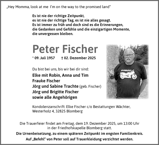 Anzeige  Peter Fischer  Lippische Landes-Zeitung