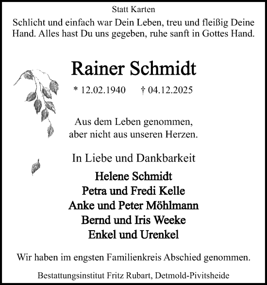 Anzeige  Rainer Schmidt  Lippische Landes-Zeitung