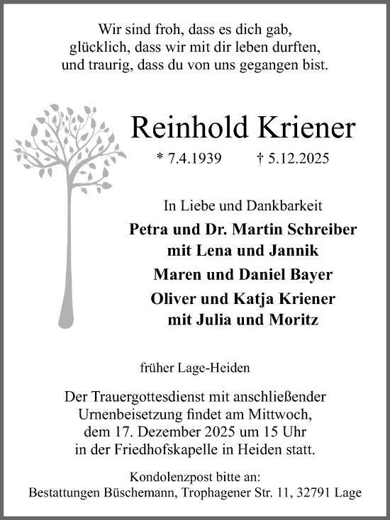 Anzeige  Reinhold Kriener  Lippische Landes-Zeitung