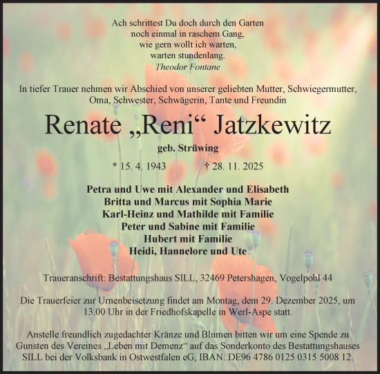 Anzeige  Renate Jatzkewitz  Lippische Landes-Zeitung