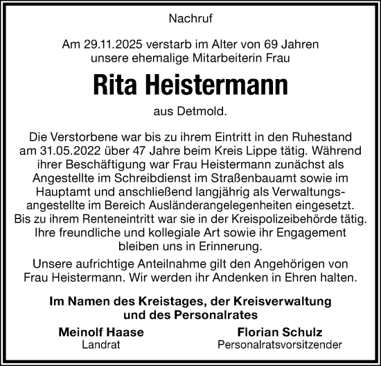 Anzeige  Rita Heistermann  Lippische Landes-Zeitung