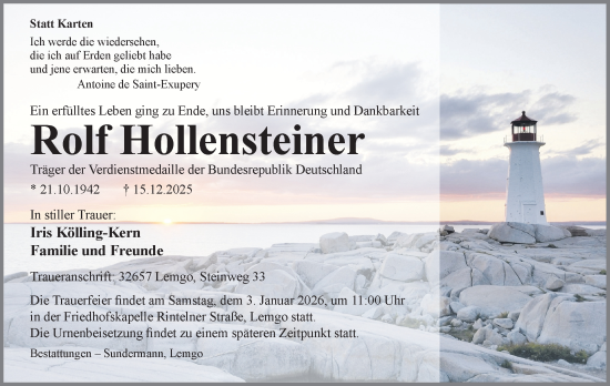 Anzeige  Rolf Hollensteiner  Lippische Landes-Zeitung