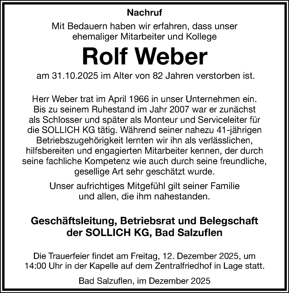  Traueranzeige für Rolf Weber vom 10.12.2025 aus Lippische Landes-Zeitung
