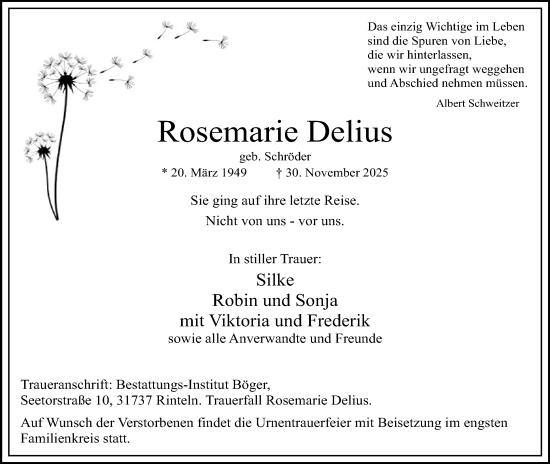 Anzeige  Rosemarie Delius  Lippische Landes-Zeitung