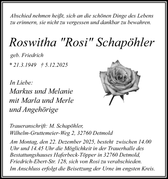 Anzeige  Roswitha Schapöhler  Lippische Landes-Zeitung