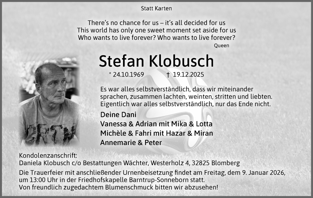  Traueranzeige für Stefan Klobusch vom 27.12.2025 aus Lippische Landes-Zeitung