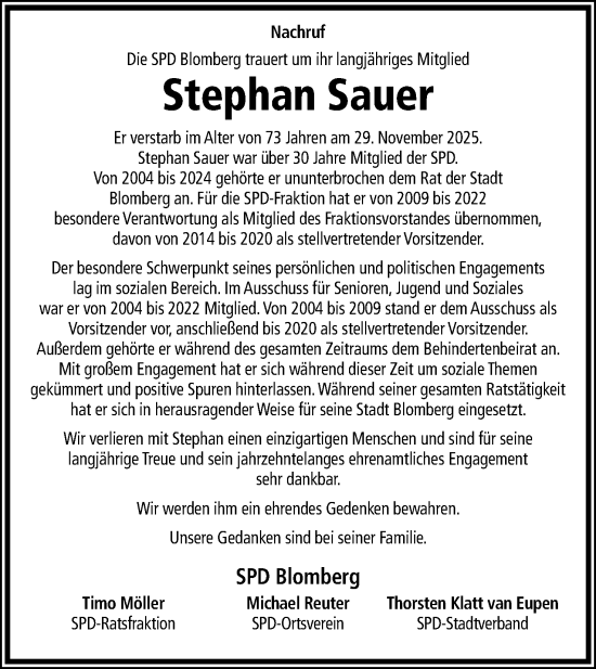 Anzeige  Stephan Sauer  Lippische Landes-Zeitung