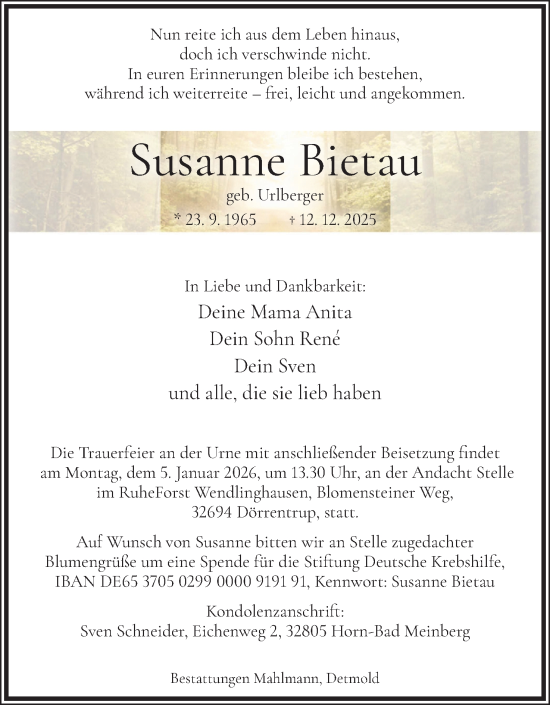 Anzeige  Susanne Bietau  Lippische Landes-Zeitung