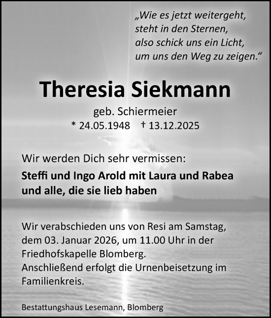 Anzeige  Theresia Siekmann  Lippische Landes-Zeitung