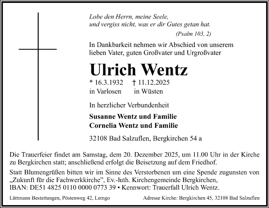 Anzeige  Ulrich Wentz  Lippische Landes-Zeitung