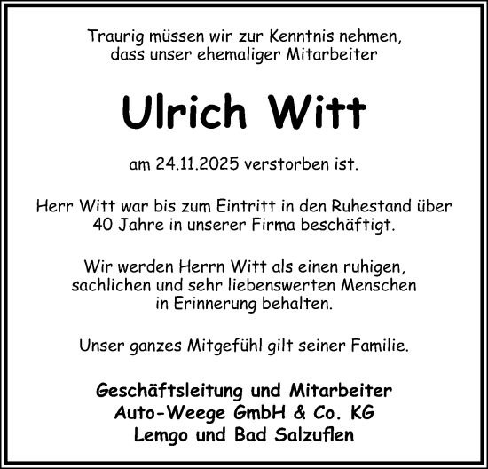 Anzeige  Ulrich Witt  Lippische Landes-Zeitung