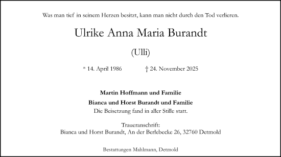 Anzeige  Ulrike Anna Maria Burandt  Lippische Landes-Zeitung
