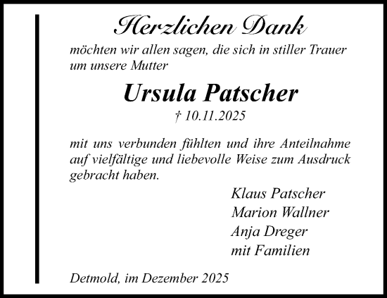 Anzeige  Ursula Patscher  Lippische Landes-Zeitung