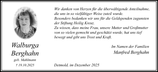 Anzeige  Walburga Berghahn  Lippische Landes-Zeitung