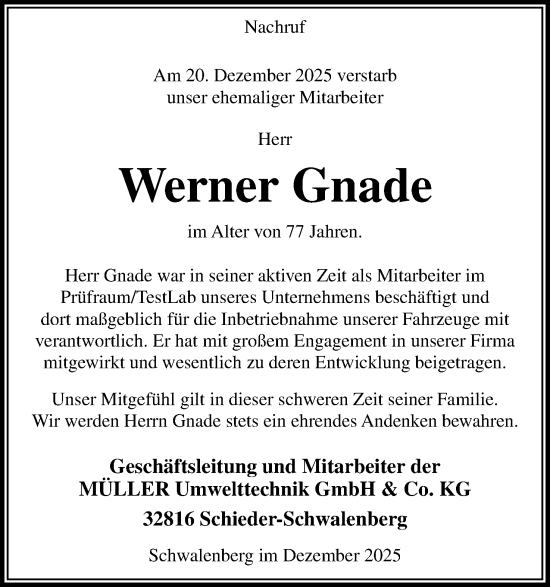 Anzeige  Werner Gnade  Lippische Landes-Zeitung