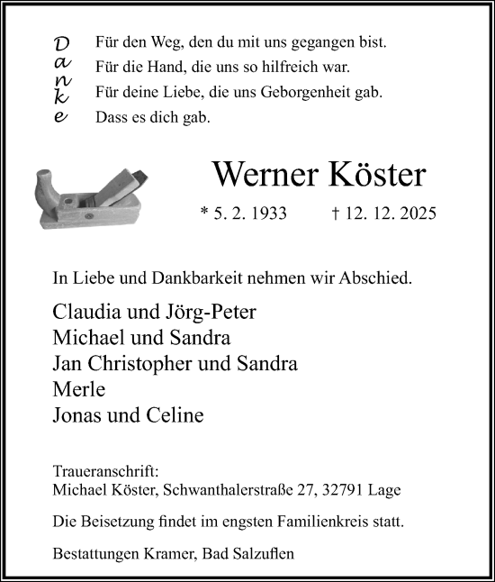 Anzeige  Werner Köster  Lippische Landes-Zeitung