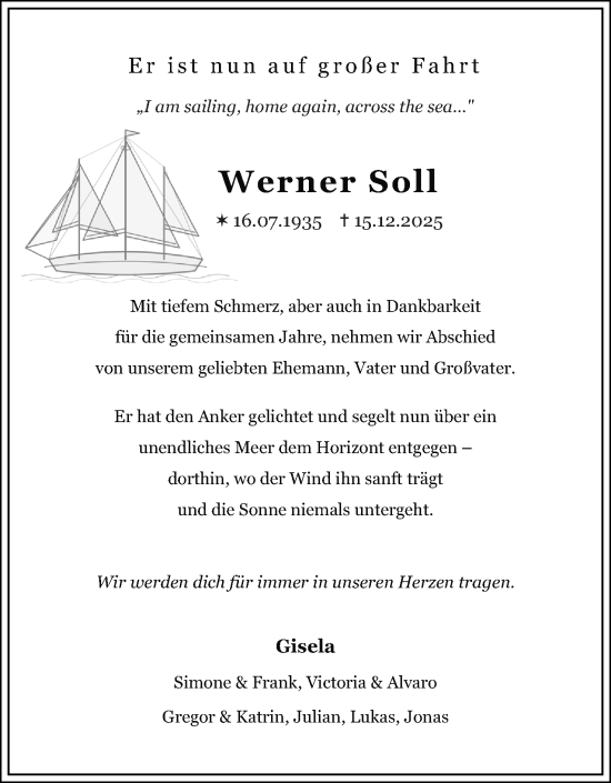 Anzeige  Werner Soll  Lippische Landes-Zeitung