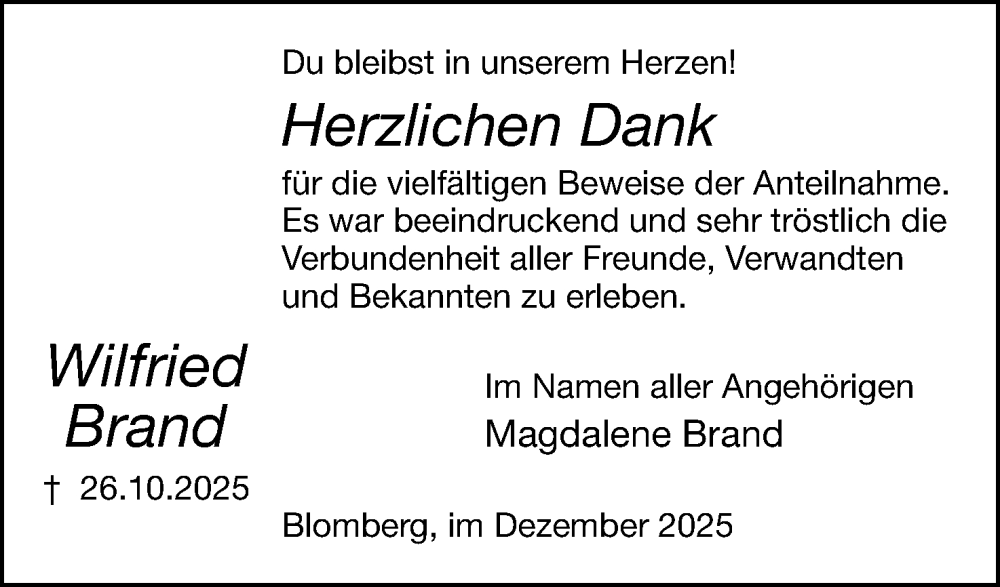  Traueranzeige für Wilfried Brand vom 20.12.2025 aus Lippische Landes-Zeitung