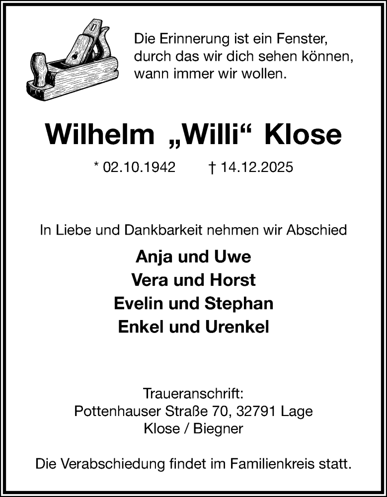  Traueranzeige für Wilhelm Klose vom 20.12.2025 aus Lippische Landes-Zeitung