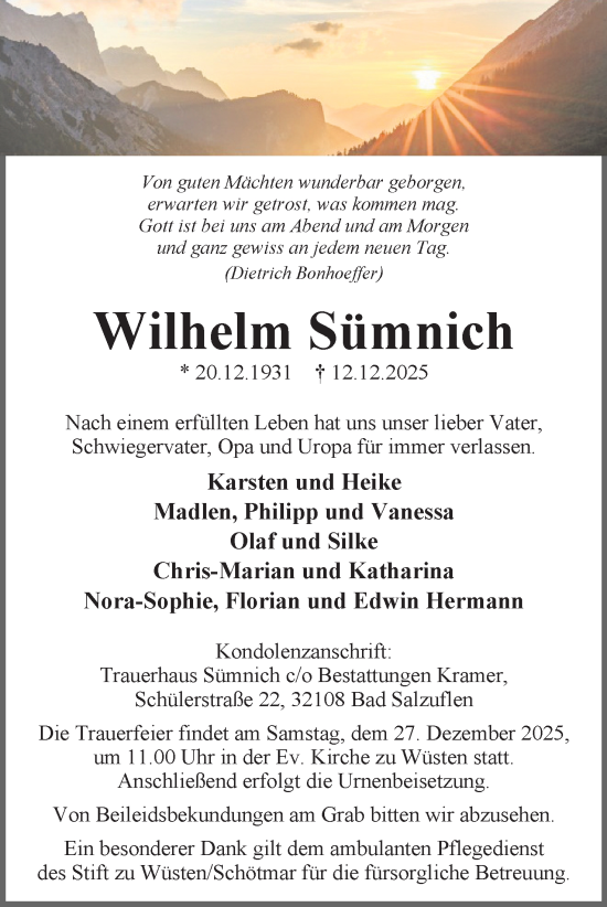 Anzeige  Wilhelm Sümnich  Lippische Landes-Zeitung
