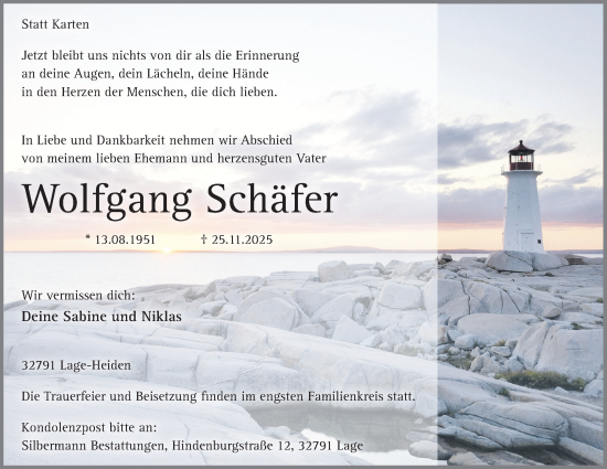 Anzeige  Wolfgang Schäfer  Lippische Landes-Zeitung