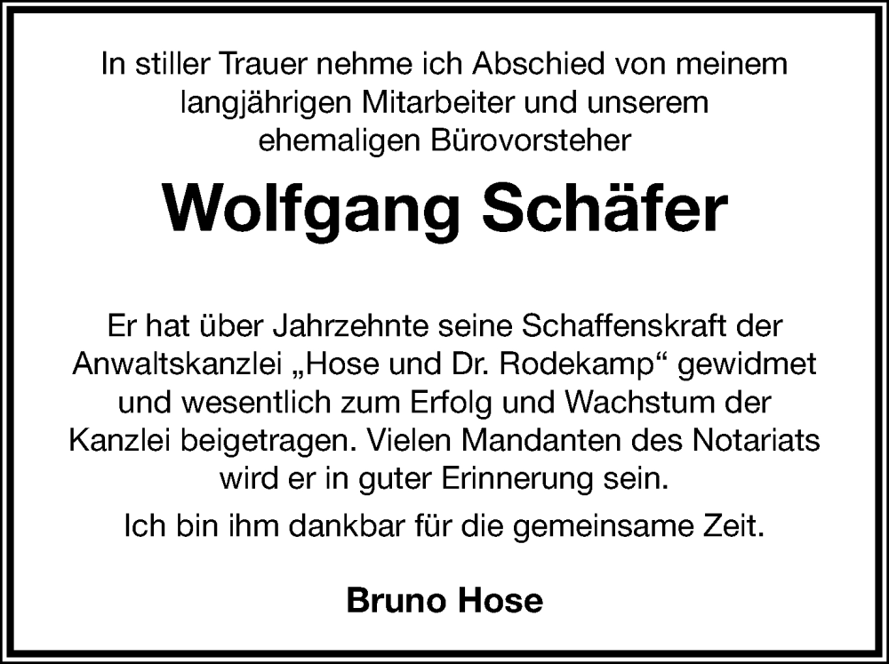  Traueranzeige für Wolfgang Schäfer vom 06.12.2025 aus Lippische Landes-Zeitung