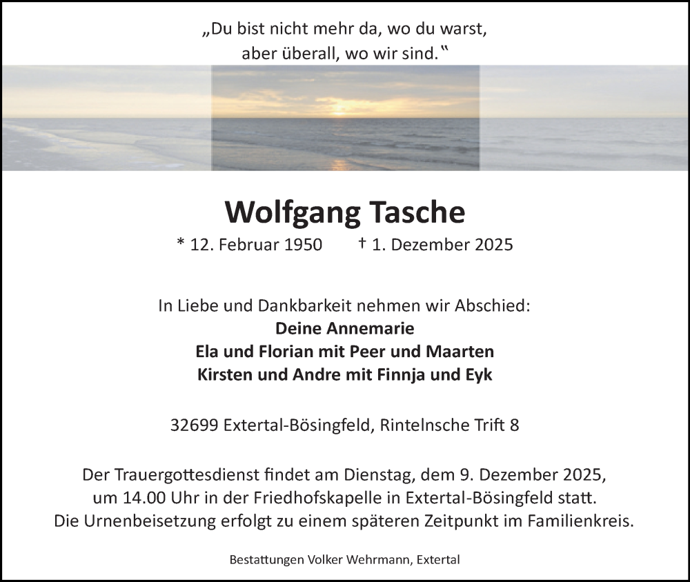  Traueranzeige für Wolfgang Tasche vom 06.12.2025 aus Lippische Landes-Zeitung