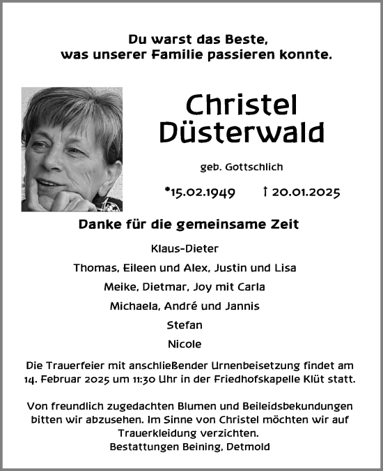 Anzeige  Christel Düsterwald  Lippische Landes-Zeitung