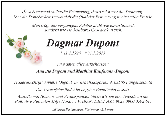Anzeige  Dagmar Dupont  Lippische Landes-Zeitung
