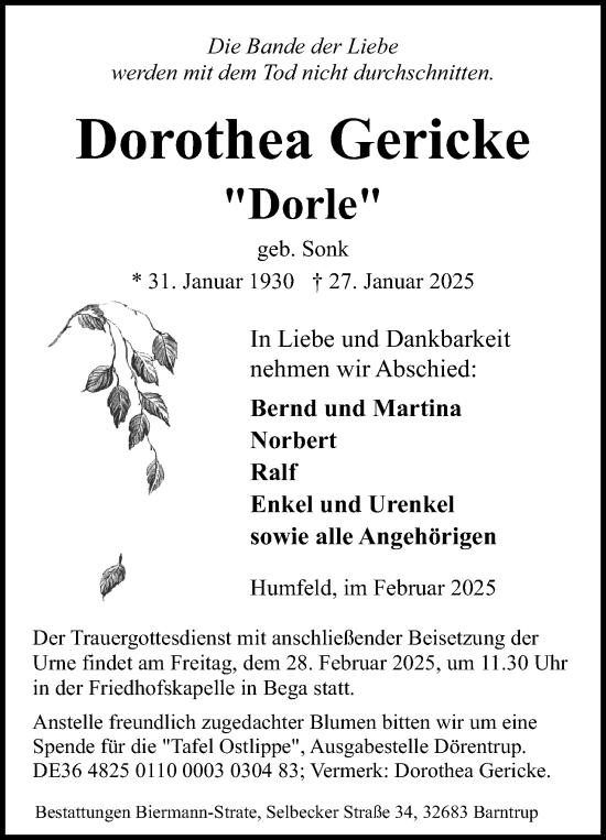 Anzeige  Dorothea Gericke  Lippische Landes-Zeitung