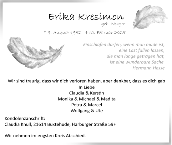 Anzeige  Erika Kresimon  Lippische Landes-Zeitung