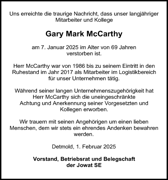 Anzeige  Gary Mark McCarthy  Lippische Landes-Zeitung