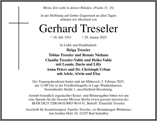 Anzeige  Gerhard Treseler  Lippische Landes-Zeitung