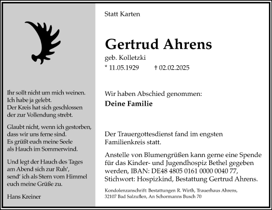 Anzeige  Gertrud Ahrens  Lippische Landes-Zeitung