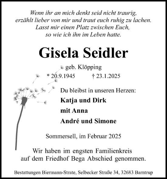 Anzeige  Gisela Seidler  Lippische Landes-Zeitung