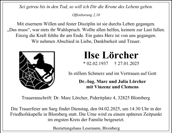 Anzeige  Ilse Lörcher  Lippische Landes-Zeitung