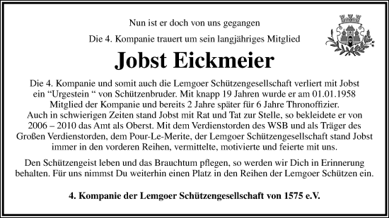 Anzeige  Jobst Eickmeier  Lippische Landes-Zeitung