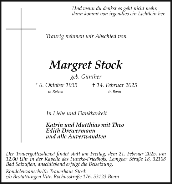 Anzeige  Margret Stock  Lippische Landes-Zeitung