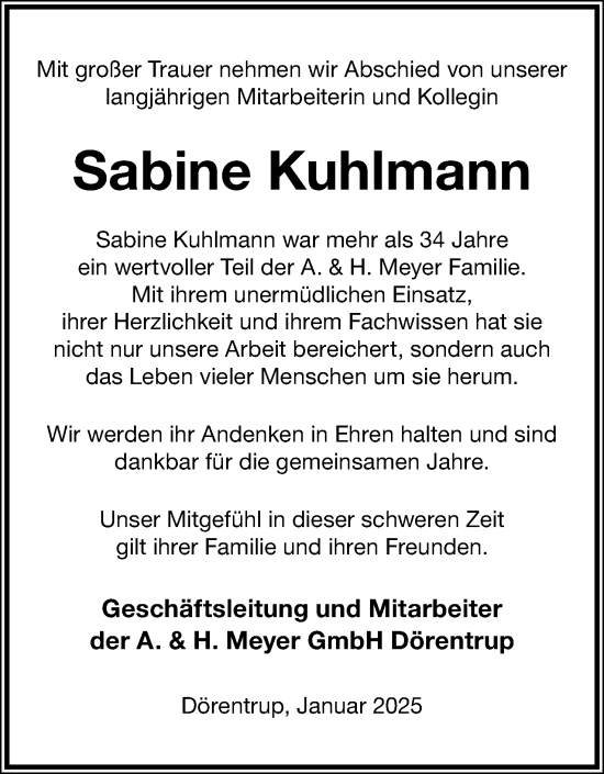 Anzeige  Sabine Kuhlmann  Lippische Landes-Zeitung