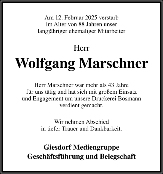 Anzeige  Wolfgang Marschner  Lippische Landes-Zeitung